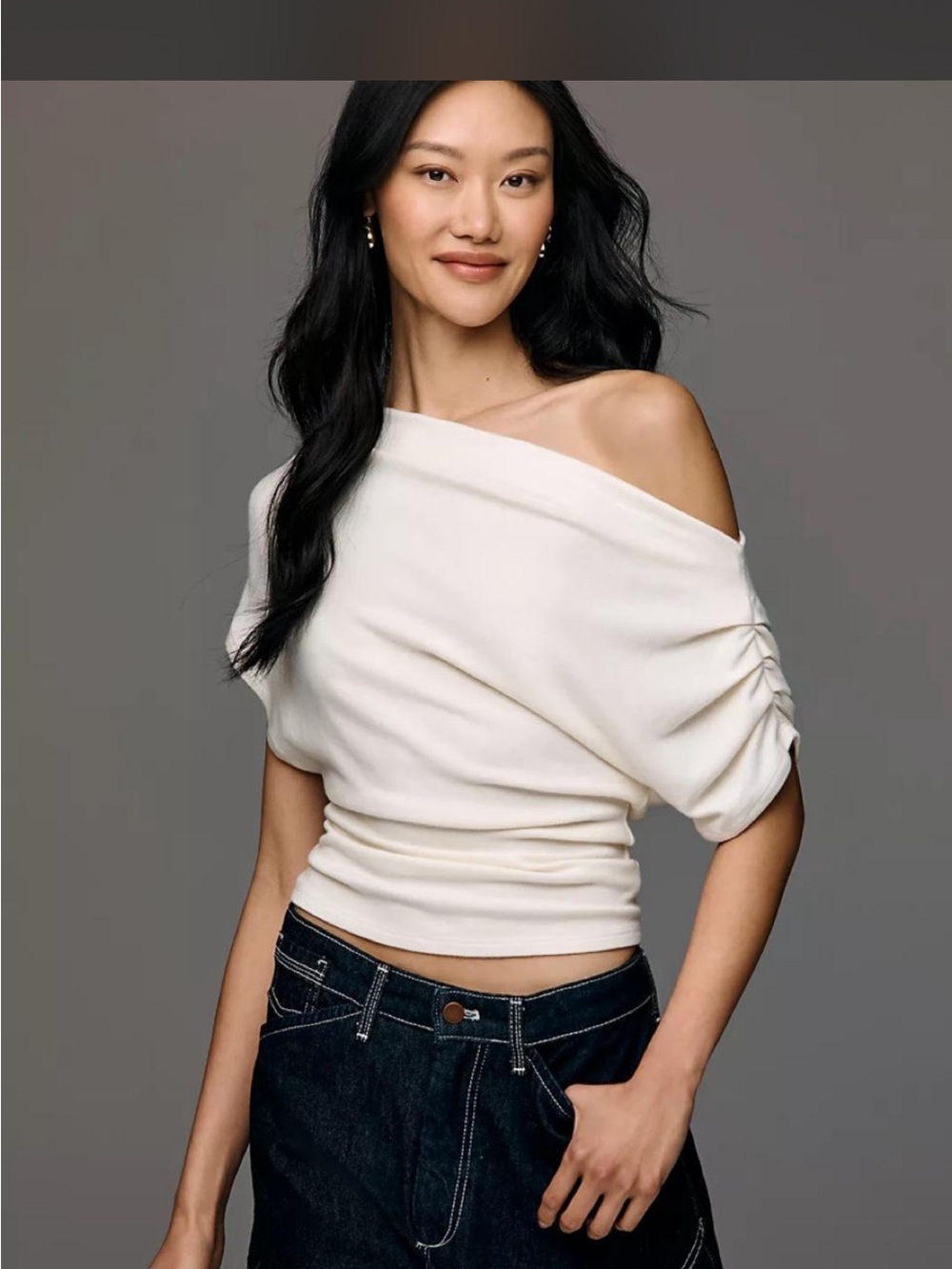 Reformation Off-Shoulder Ruched Sleeve Tank Top in Cream